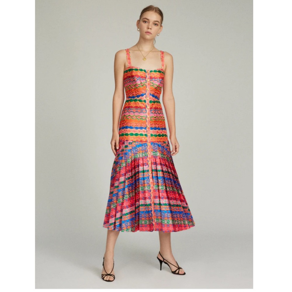 BNWT Saloni Karen Print Satin Jacquard Pleat Dress. Sz 12(US)/16(UK)